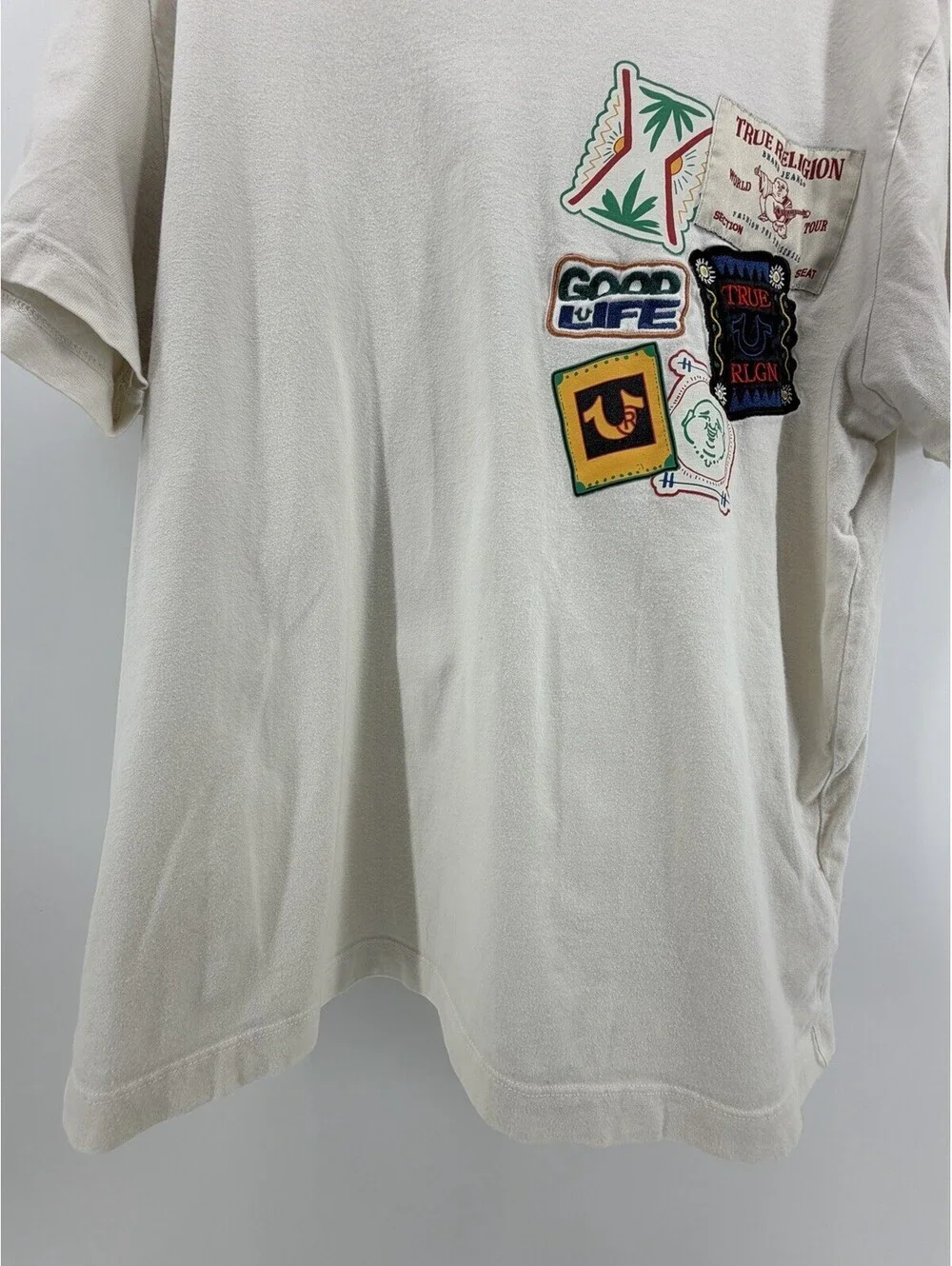 True Religion Men’s Large SS Resort Patch Tee Ivory 100% Cotton Graphic
